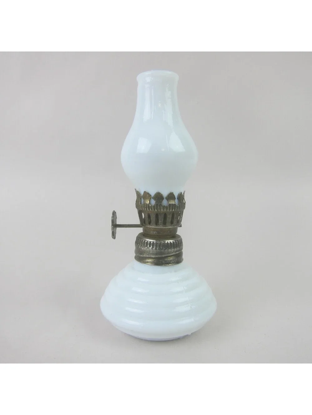 Antique Miniature Oil Lamp White Milk Glass Chimney & Beehive Base 4.5